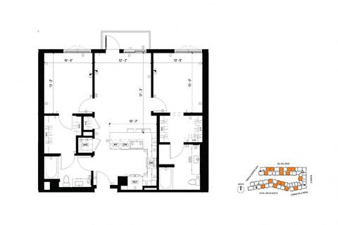 Floor plan for 2 beds, 2 baths, 1132 sqft